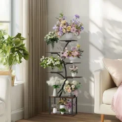 Växtställ & Blomhylla - Hörnmodell i trä - Trädform - 7 Hyllplan - 151 cm - Med LED-belysning - Inomhus - Grå Växtställ