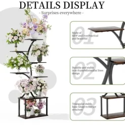 Växtställ & Blomhylla - Hörnmodell i trä - Trädform - 7 Hyllplan - 151 cm - Med LED-belysning - Inomhus - Grå Växtställ