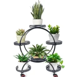New Växtställ - Blomkrukshylla 4 våningar - Metall - Med hjul - Robust - Rund design - Svart Växtställ
