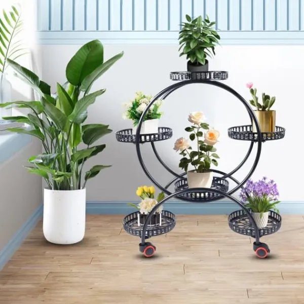 New Växtställ - Blomkrukshylla 4 våningar - Metall - Med hjul - Robust - Rund design - Svart Växtställ