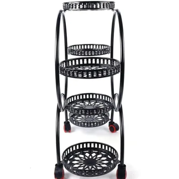 New Växtställ - Blomkrukshylla 4 våningar - Metall - Med hjul - Robust - Rund design - Svart Växtställ