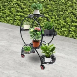New Växtställ - Blomkrukshylla 4 våningar - Metall - Med hjul - Robust - Rund design - Svart Växtställ