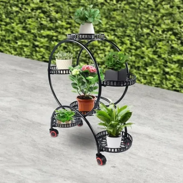 New Växtställ - Blomkrukshylla 4 våningar - Metall - Med hjul - Robust - Rund design - Svart Växtställ