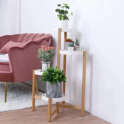 Best Växtställ - Hörn, rund blomhylla för krukor - 4 Nivåer - Inomhus/Utomhus - Trä - Orange Växtställ