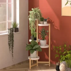 Best Växtställ - Hörn, rund blomhylla för krukor - 4 Nivåer - Inomhus/Utomhus - Trä - Orange Växtställ