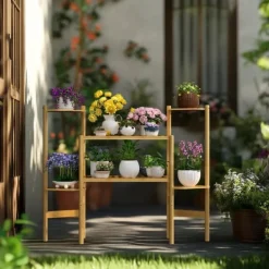 Växtställ - Hörnblomhylla i bambu 6 nivåer - Storlek L - För blomkrukor inomhus/ute - Gul