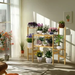 Växtställ - Hörnblomhylla i bambu 6 nivåer - Storlek L - För blomkrukor inomhus/ute - Gul