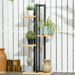 New Växtställ 4 nivåer justerbart 110 cm trä svart/natur för inne/ute Växtställ