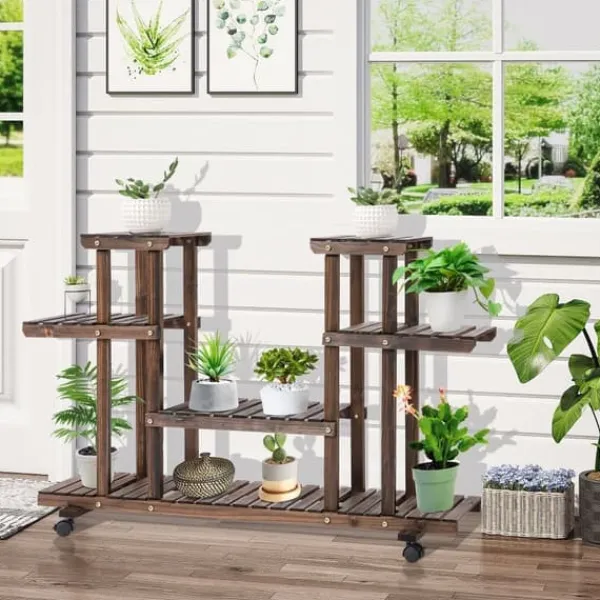 Online Växtställ 4 nivåer massivt kolat trä 123,5x33x80 cm trädgård/balkong Växtställ