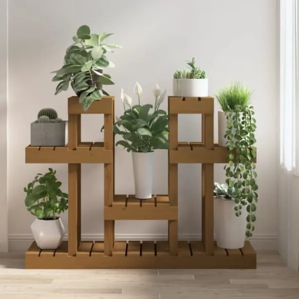 New Växtställ i honungsbrun massiv furu - Perfekt för blommor och växter | Storlek: 104,5x25x77,5 cm Växtställ