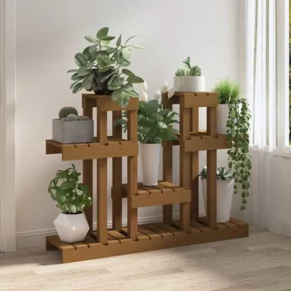 New Växtställ i honungsbrun massiv furu - Perfekt för blommor och växter | Storlek: 104,5x25x77,5 cm Växtställ