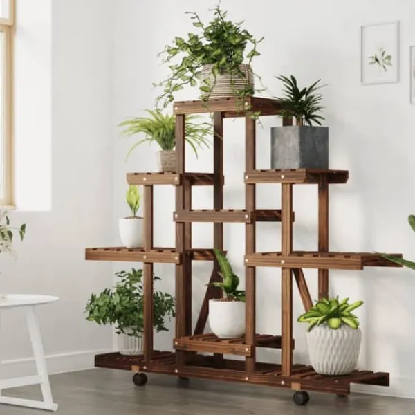 New Växtställ med hjul i massiv furu - Eleganta och hållbara växtstativ | Storlek: 110x25x101 cm | Färg: Naturlig träfärg Växtställ