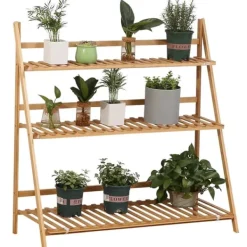 Outlet Växtställ och blomhylla i bambu - 3-vånings vikbar hylla - Fristående - 100 x 39 x 97 cm Växtställ