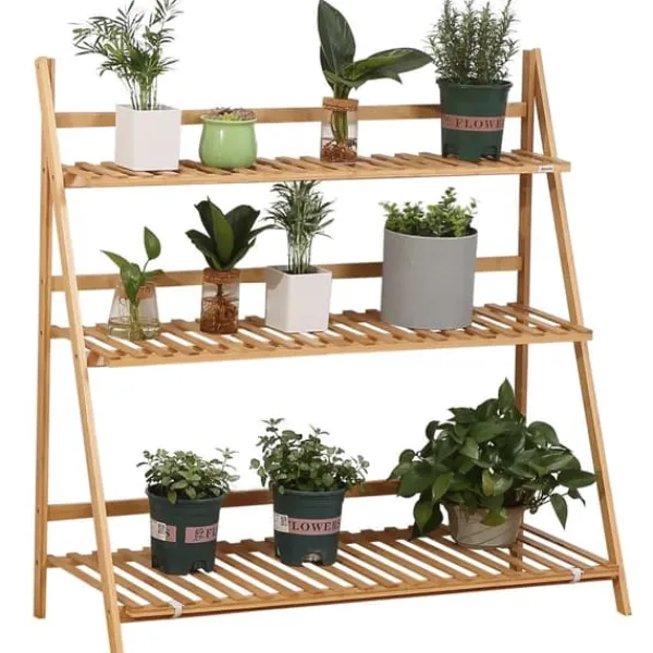 Outlet Växtställ och blomhylla i bambu - 3-vånings vikbar hylla - Fristående - 100 x 39 x 97 cm Växtställ