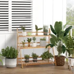 Outlet Växtställ och blomhylla i bambu - 3-vånings vikbar hylla - Fristående - 100 x 39 x 97 cm Växtställ