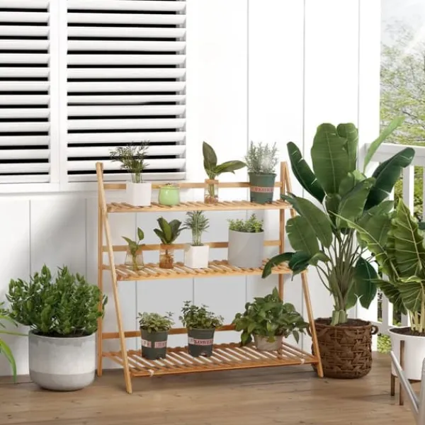 Outlet Växtställ och blomhylla i bambu - 3-vånings vikbar hylla - Fristående - 100 x 39 x 97 cm Växtställ