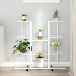 vidaXL Växtställ på hjul 94,5x24,5x91,5 cm vit järn