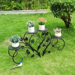 Växtställ 2-pack - Blomhylla - Rostbeständig metall - Fyra våningar - Inne/ute balkong trädgård kontor - Montering - Svart