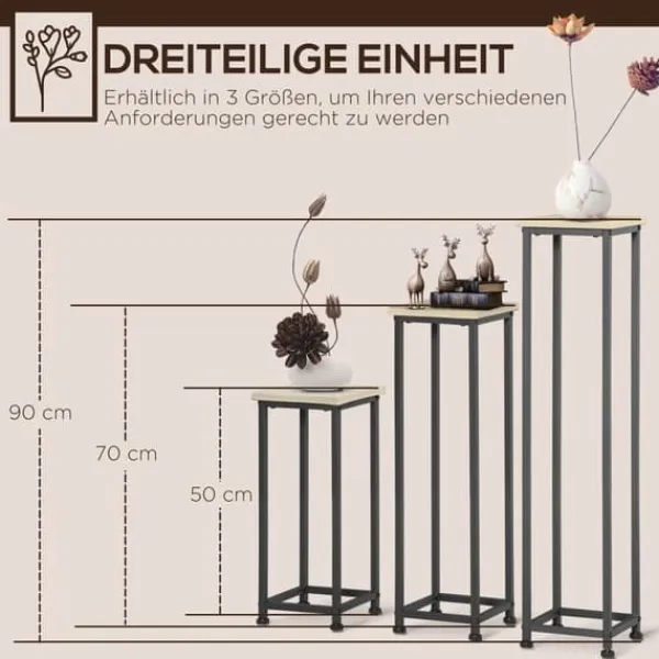 Växtställ set 3-delat blompallar & krukhållare stål svart/natur för trädgård/balkong