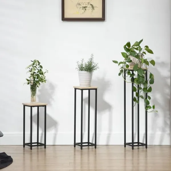 Växtställ set 3-delat blompallar & krukhållare stål svart/natur för trädgård/balkong
