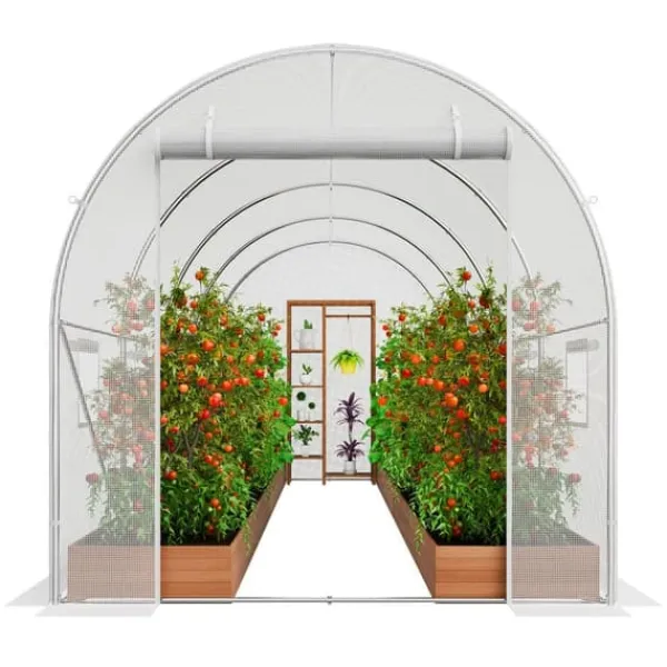 Walk-in Tunnelväxthus 14,6x6,36x6,3ft, Galvaniserad Ram, PE-Överdrag, Vit, Stort Utrymme, Hållbar Konstruktion