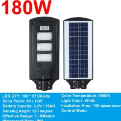 60W/120W/180W (60/120/180LED) 6500K Solpanel Gatubelysning IP66 Vattentät +4 lägen + Fjärrkontroll, Utomhus Trädgård Gatuvägglampa Säkerhetsbelysning | CDON Säkerhetslampor