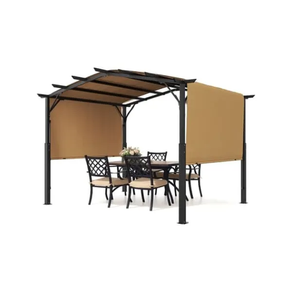 10x12 ft Utomhuspergola med Baldakin, Utfällbar Bågformad Metallpergola, Robust och Väderbeständig Valvbågar, Spaljéer, Bersåer & Pergolor