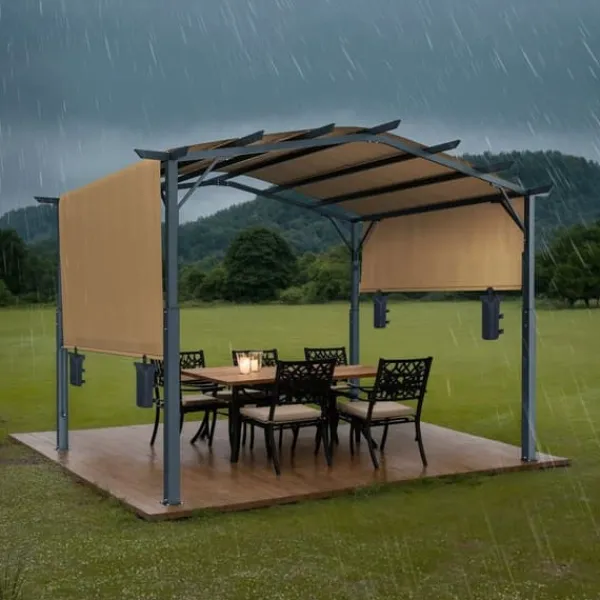 10x12 ft Utomhuspergola med Baldakin, Utfällbar Bågformad Metallpergola, Robust och Väderbeständig Valvbågar, Spaljéer, Bersåer & Pergolor