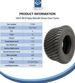 Discount 16x7.50-8 Gräs Däck 4ply Wanda P332 Turf Ride On Däck för gräsklippare (uppsättning av 2) Trädgårdsmaskiner