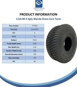 11x4.00-4 4ply Multi turf gräsdäck på kullagrad fälg - gräsklippare 20mm BB Trädgårdsmaskiner